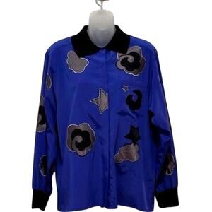 Vintage Celestial Appliqué Blouse Blue Black Beaded Whimsical Y2K Top Size S